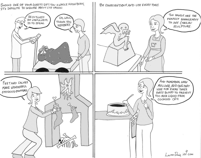Illustration for article titled The Cartoon Martha Stewart Guide to a Merry Cthulhumas